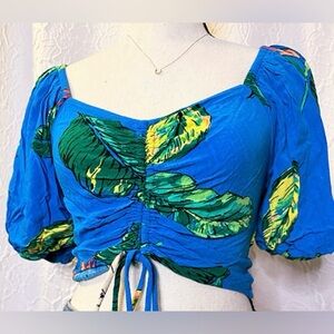 SO Blue and Green Hawaii floral Crop Top with adjustable drawstring small (4-6)